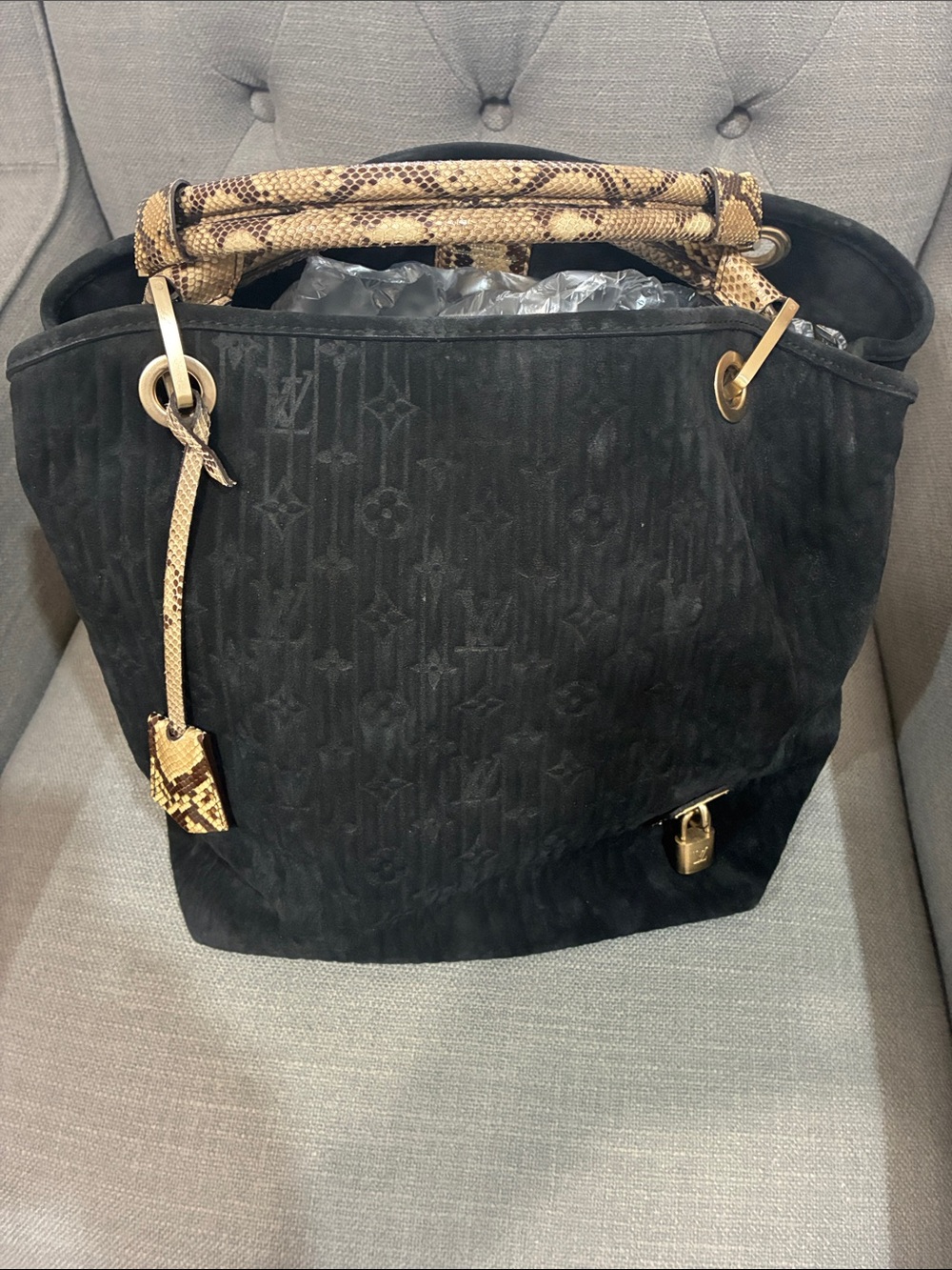 Beautiful Louis Vuitton suede whisper tote with python handles.